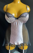 Ann Summers Underwired Suspender Cami, Pink Polka Dot Black Sheer Mesh pp, UK 16