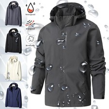Mens Waterproof Windbreaker Rain Jacket Hooded Soft Shell Outdoor Grey Coat
