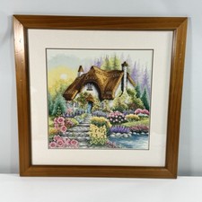 Embroidered Framed Needlepoint Lakeside Cottage Country Under Glass