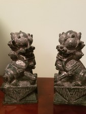 Hand-Carved Guardian Lion (Foo Dog) Pair from green jade-colour hardstone