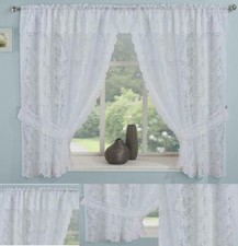 KEW White Lace Window Set Kitchen Floral Curtains Valance & Tiebacks Inc