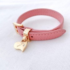RARE Miu Miu Heart Crystal Bracelet Leather Pink Gold-Tone Auth from Japan