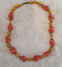 Venetian Murano Glass Necklace Beaded Gold Flakes Barrel Clasp Orange Vintage 