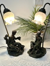 Vintage Pair Of  Widdop Bingham Bronze Resin Table Lamps Lily Shade Boy Dog
