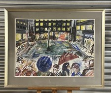 Large Original Watercolour c1970’s Titled City Centre In The Rain’ Marion Pooley