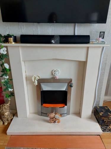 Beige polished stone - stone, fireplace