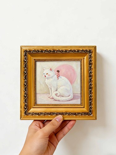 White cat with pink - white, circle