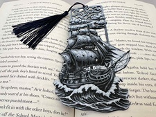 Black Ship Bookmark – Pirate Ship Stormy Seas Fantasy Nautical Gift