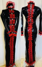 Misfitz blk PVC & red lace lockable Maids hobble dress. Two way zip. SIZE 20 CD