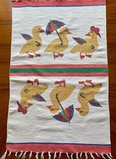 Vtg Woven Rug Ducks With Umbrella Hat Wall Hanging Mat 22.5” X 36.5”  Kids Cute