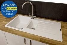 Reginox Harlem15 Kitchen Sink 1.5 Bowl Sink Pure White Granite Reversible Waste