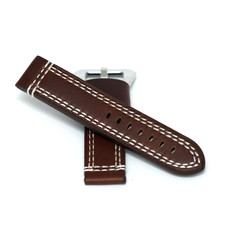 22mm Brown Leather Watch Strap Steel Fishtail Buckle Double White Stitched