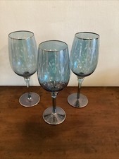 Vintage Blue Glass Wine Glasses X 3 Hand Etched With Gold Rim 23.5 Cm Tall