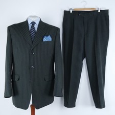 Mens Vintage Striped Suit 48L UK Size Trousers W39 L31 Dark Grey Wool 2 Piece