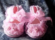 BABY BLING. Romany Pink Lace Christening, Wedding Shoes. 6-12 Months.