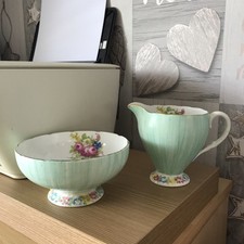 Vintage Foley bone china, milk jug and sugar bowl, floral/green