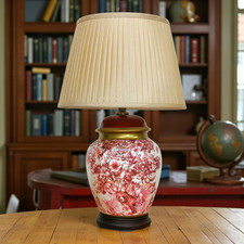 Pair of Chinese Table Lamps with Shades - Red - Exotic Wildlife Pattern - 56cm