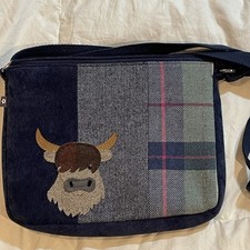Shoulder Bag Highland Cow Tartan Earth Squared Blue Adjustable Strap Zip Up