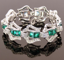Vintage Signed Mazer Art Deco Emerald Green & Crystal Pavé Rhinestone Bracelet