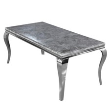 Grey Marble Dining Table Grey with Curved Louis Chrome Legs Velvet Chairs 1.5m