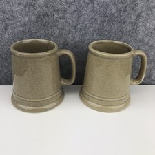 2 X Studio Pottery Tankard Shaped Mugs Beige Glazed Cups