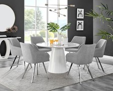 Palma White High Gloss Round Dining Table & 6 Falun Black/Silver Leg Chairs