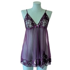 Fredericks Of Hollywood Purple Sheer Lace Babydoll Dress Chemise Loungewear 12
