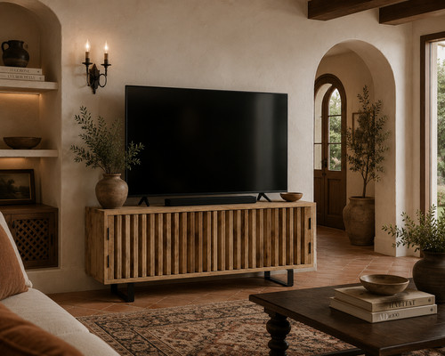 Fluted mango wood cabinet - fluted,