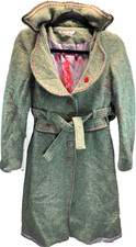 Pure Virgin Wool Green Coat Hand Made Italian UK 10 Metal Buttons Red Stitch
