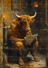 Rustic Highland Bull Art Print Whimsical Farmhouse Country Bathroom Humor L77