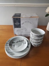 Christmas Themed 12 Piece Porcelain Dinner Set White, Grey and Silver Design