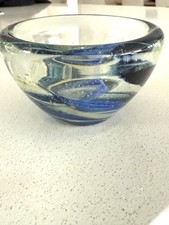 Vintage 70s Isle of Wight Small Glass Studio Bowl with Blue Swirls with Gold. 