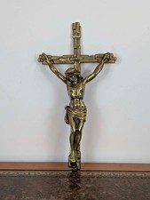 Antique French large crucifix with blockwork cross c. 1900, ecclesiastical solid