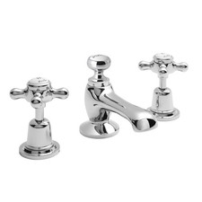 Hudson Reed 3 Tap Hole Basin Mixer Tap & Pop-Up Waste White Topaz Cross Handle
