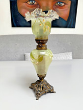 antique miniature small oil lamp green frosted gold painted fruit shade no oil