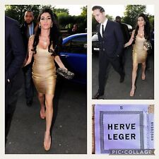 HERVE LEGER Gold Bandage Dress Size Small UK8-10 US4 Stretch Y2K Bodycon ASO Amy