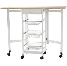 HOMCOM Drop-Leaf Kitchen Trolley w/ 3 Baskets Drawer Surface Top 6 Wheels White 