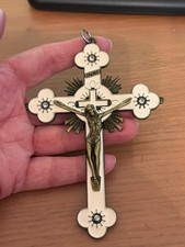 Large  brass tone  metal Crucifix holding  Cross cream inlay 12cms Baroque style