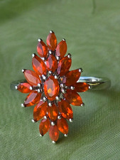 STUNNING Mexican Fire Opal Cluster 14K White Gold Over Flower Ring Sizable 5-12