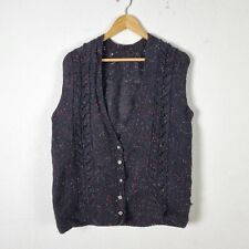 Vintage Hand Knitted Sleeveless Cardigan Womens Large Black Cable Knit Sweater