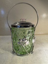 Vintage Heavy Green Cut Glass / Chrome Biscuit Barrel Jar - Stunning