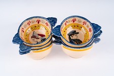 6 x Antique Henriot Quimper Hand Made Mini Eared/Lug Bowls - Breton Man & Woman