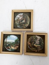 3 Framed Miniature Staffordshire Ceramic Tiles Harleigh China Co Landscape Art