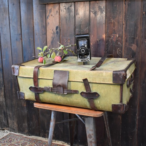 Antique green canvas trunk - antique,