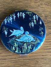 Vintage Kigu compact with mirror, blue enamel with swans  on nest
