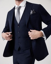 Frencheye Men’s 3 Piece Wedding/Dinner Suit Wool Blend Tuxedo Navy Blue Size 44 
