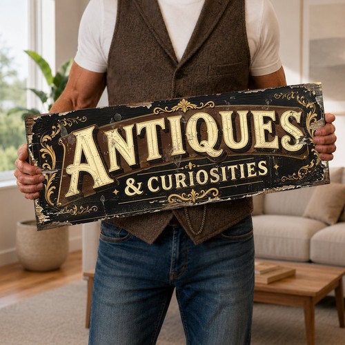 Antiques curiosities sign - antiques,