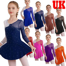 UK Kids Girls Long Sleeve Figure Ice Skating Dress Ballet Dance Leotards Costume