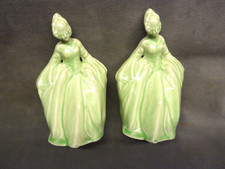 LOVELY PAIR OF ART DECO FIGURINES GREEN CRINOLINE LADIES UNBRANDED BOOK ENDS 30S