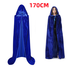 170CM Unisex Blue Long Hooded Velvet Cloak Halloween Medieval Pagan Witch Cape
